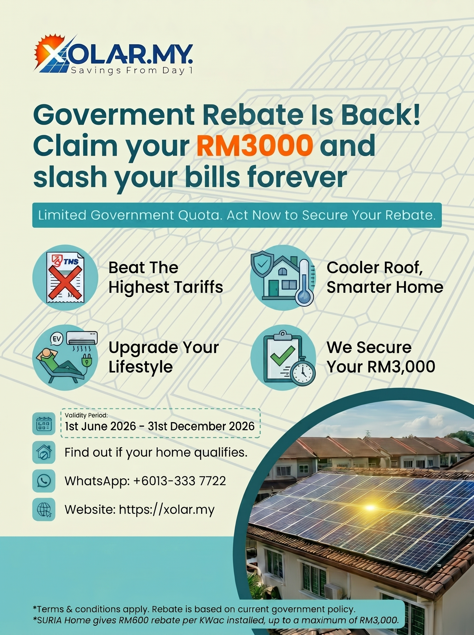 Flyer showing Xolar suria rebate information on how to claim and apply with us